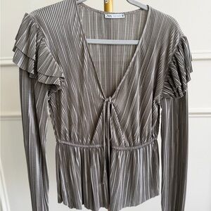 Zara Metallic Gray Ruffle Sleeve Blouse